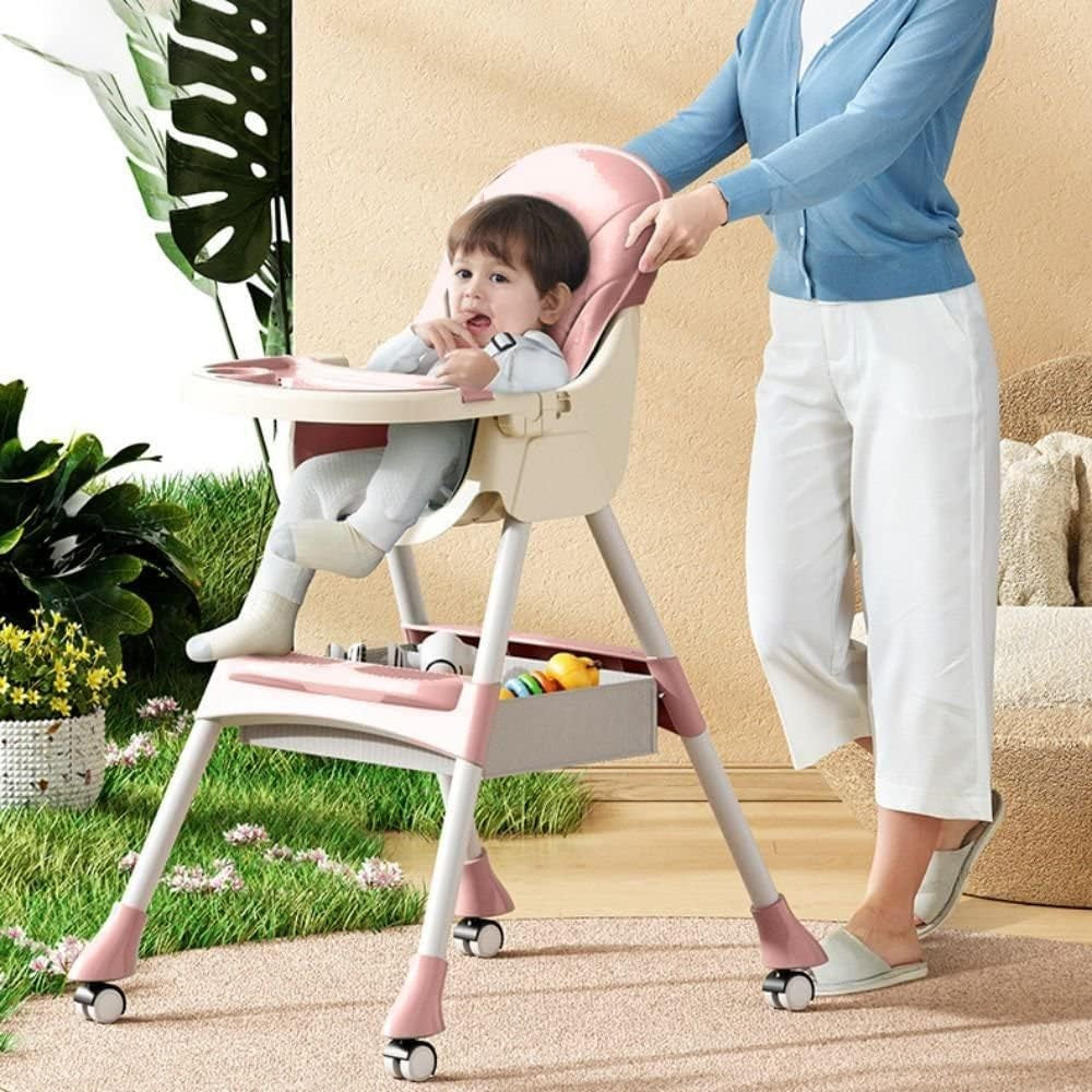 Scaun de Masa 2in1 pentru Copii si Bebelusi, Inaltime Reglabila, Centura 5 Puncte, Tava Dubla, Roti cu Frana, Material Otel si Piele PU, 6 Luni - 5 Ani, 94 x 78 x 60 cm, Roz