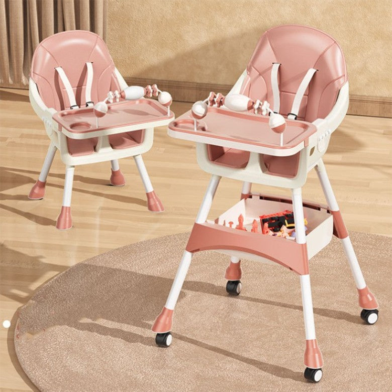 Scaun de Masa 2in1 pentru Copii si Bebelusi, Inaltime Reglabila, Centura 5 Puncte, Tava Dubla, Roti cu Frana, Material Otel si Piele PU, 6 Luni - 5 Ani, 94 x 78 x 60 cm, Roz