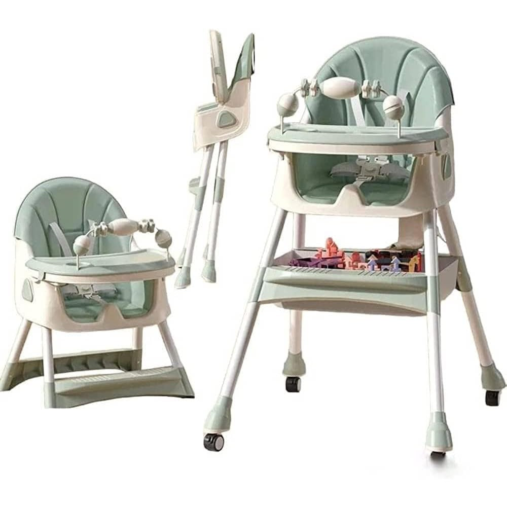 Scaun de Masa 2in1 pentru Copii si Bebelusi, Inaltime Reglabila, Centura 5 Puncte, Tavita Dubla, Roti cu Frana si Jucarie, Piele PU si Otel, 6 Luni - 5 Ani, 94 x 78 x 60 cm, Verde