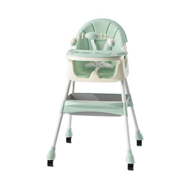 Scaun de Masa 2in1 pentru Copii si Bebelusi, Inaltime Reglabila, Centura 5 Puncte, Tavita Dubla, Roti cu Frana si Jucarie, Piele PU si Otel, 6 Luni - 5 Ani, 94 x 78 x 60 cm, Verde