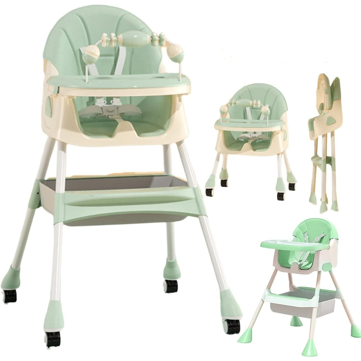 Scaun de Masa 2in1 pentru Copii si Bebelusi, Inaltime Reglabila, Centura 5 Puncte, Tavita Dubla, Roti cu Frana si Jucarie, Piele PU si Otel, 6 Luni - 5 Ani, 94 x 78 x 60 cm, Verde