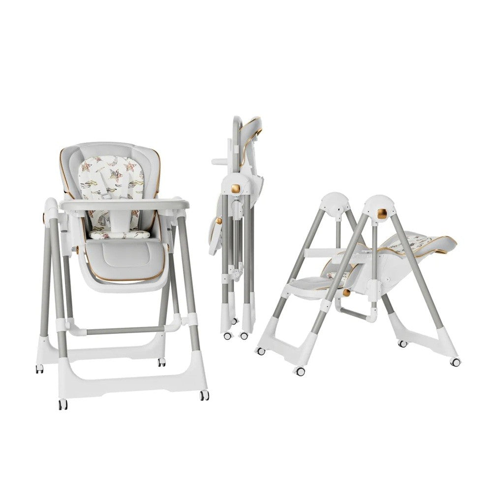 Scaun de Masa 2in1 si Balansoar pentru Copii, Multifunctional, Pliabil cu Roti si Inaltime Reglabila, Otel si Piele PU, 6 Luni - 4 Ani, Gri