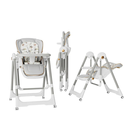 Scaun de Masa 2in1 si Balansoar pentru Copii, Multifunctional, Pliabil cu Roti si Inaltime Reglabila, Otel si Piele PU, 6 Luni - 4 Ani, Gri