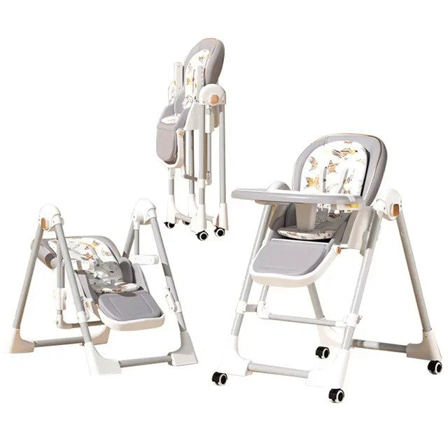 Scaun de Masa 2in1 si Balansoar pentru Copii, Multifunctional, Pliabil cu Roti si Inaltime Reglabila, Otel si Piele PU, 6 Luni - 4 Ani, Gri