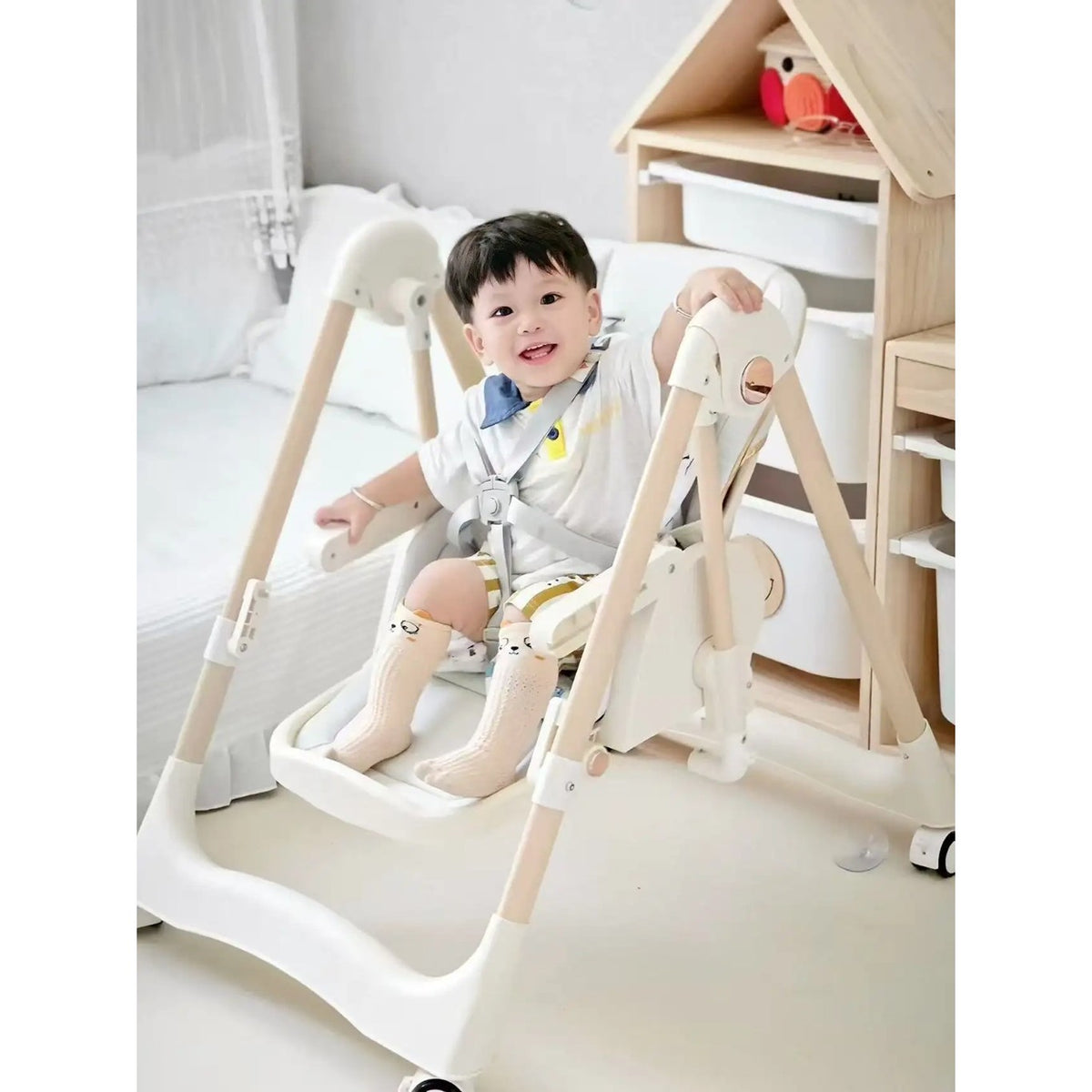 Scaun de Masa 2in1 si Balansoar pentru Copii, Multifunctional, Pliabil cu Roti si Inaltime Reglabila, Otel si Piele PU, 6 Luni - 4 Ani, Gri