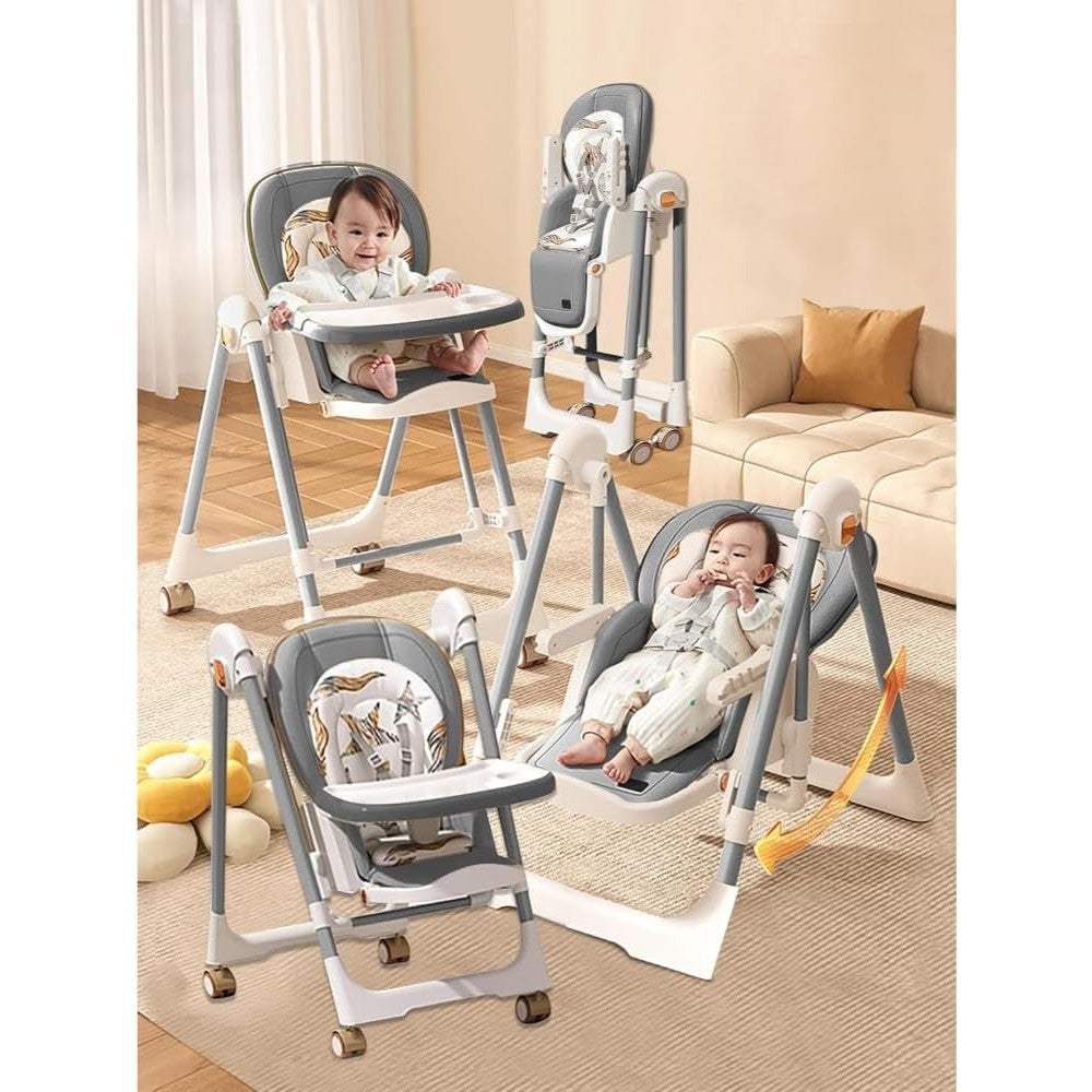 Scaun de Masa 2in1 si Balansoar pentru Copii, Multifunctional, Pliabil cu Roti si Inaltime Reglabila, Otel si Piele PU, 6 Luni - 4 Ani, Gri
