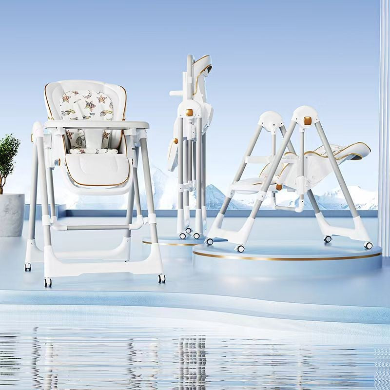 Scaun de Masa 2in1 si Balansoar pentru Copii, Pliabil, cu Roti, Inaltime si Spatar Reglabil, Tava Dubla, Centura 5 Puncte, Otel si Piele PU, 96 x 56 x 76 cm, Alb