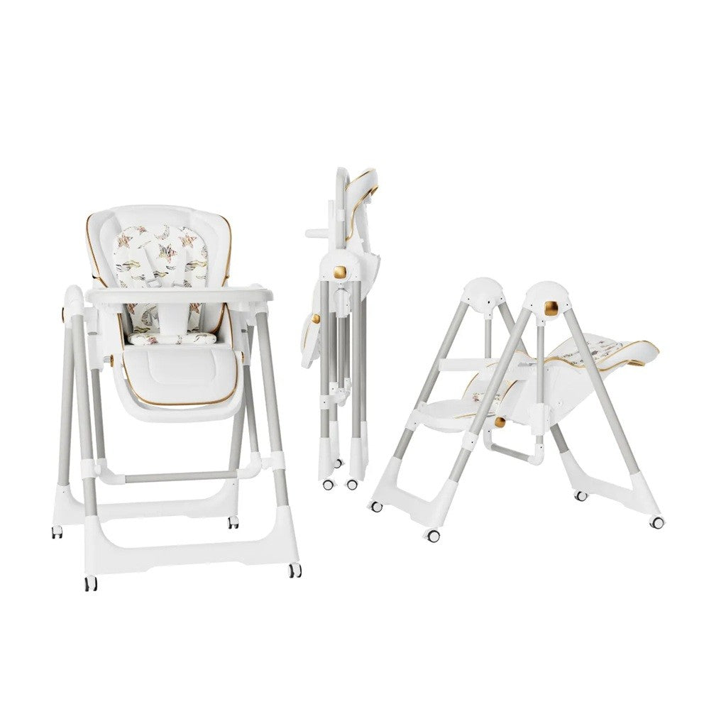 Scaun de Masa 2in1 si Balansoar pentru Copii, Pliabil, cu Roti, Inaltime si Spatar Reglabil, Tava Dubla, Centura 5 Puncte, Otel si Piele PU, 96 x 56 x 76 cm, Alb