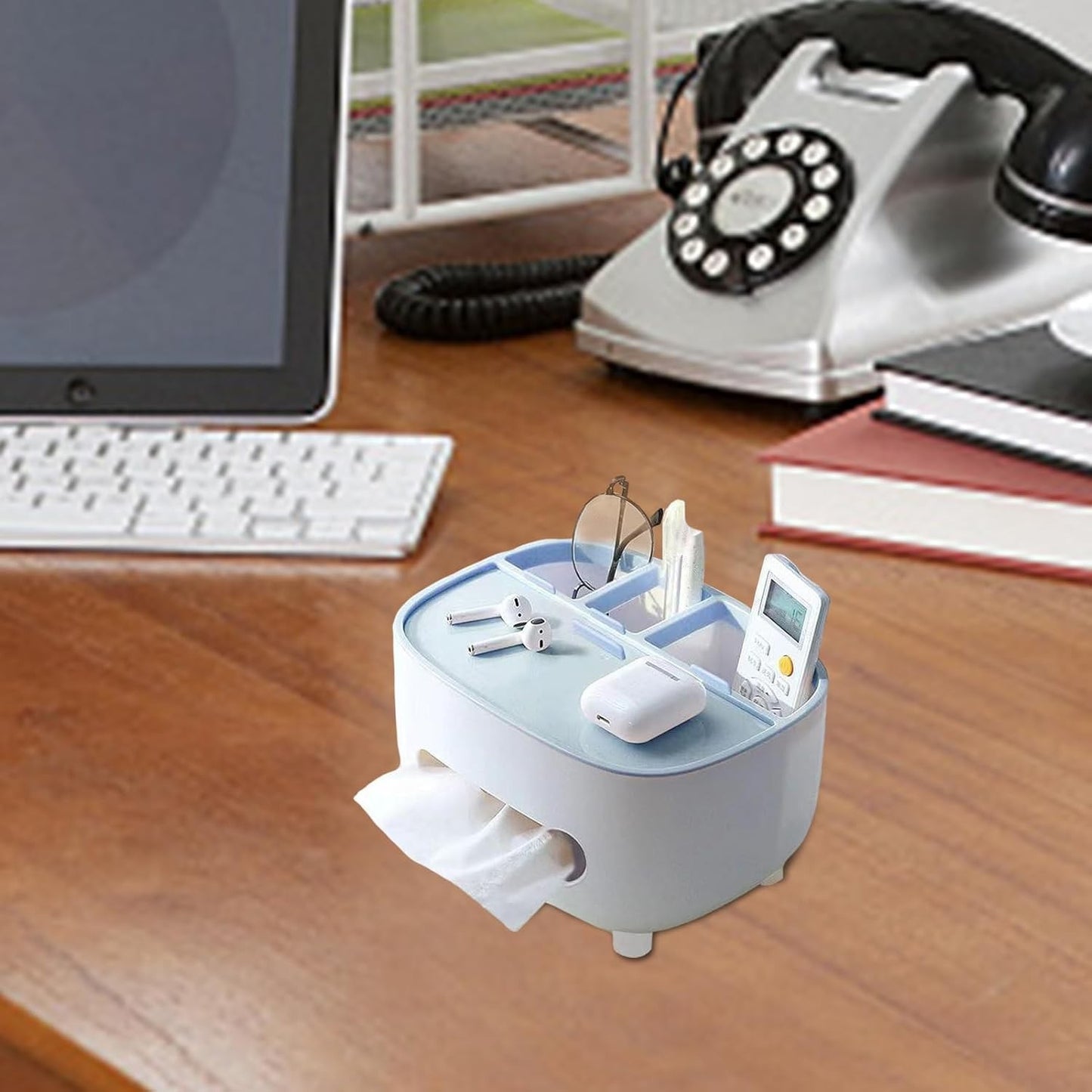 Suport Servetele si Organizator Multifunctional, Cutie Depozitare Accesorii, Design Minimalist, Material ABS, 21x12x12 cm, Albastru