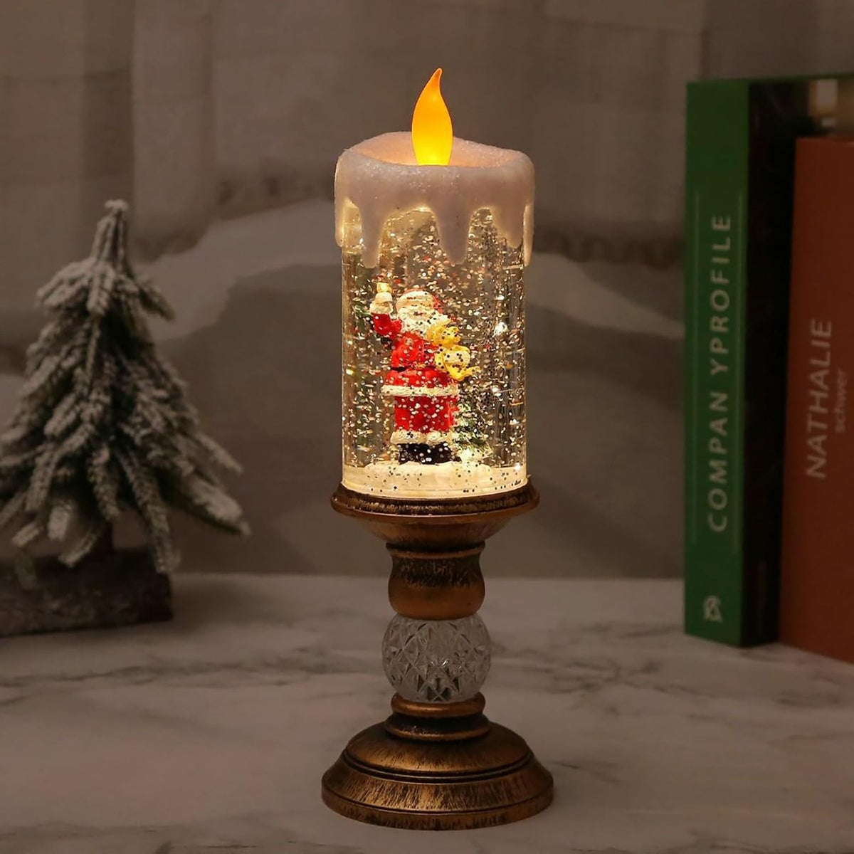 Decoratiune Luminoasa de Craciun Tip Sfesnic, Lampa cu LED, Efect de Ninsoare si 8 Melodii Festive, Alimentare USB sau Baterii, PVC, 26x8.5x8.5 cm, Auriu