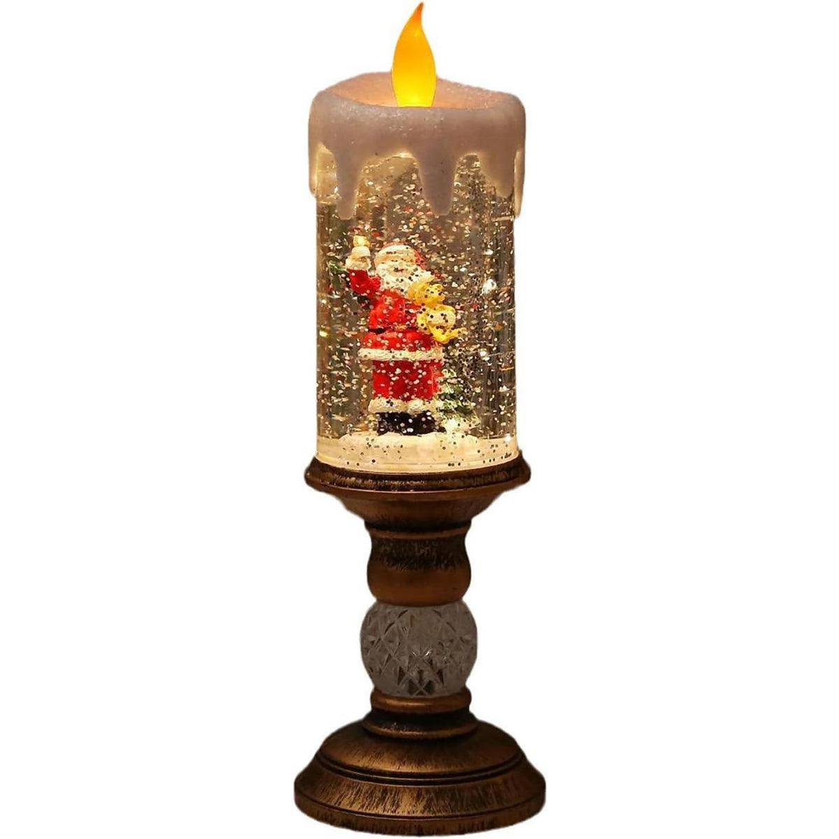Decoratiune Luminoasa de Craciun Tip Sfesnic, Lampa cu LED, Efect de Ninsoare si 8 Melodii Festive, Alimentare USB sau Baterii, PVC, 26x8.5x8.5 cm, Auriu