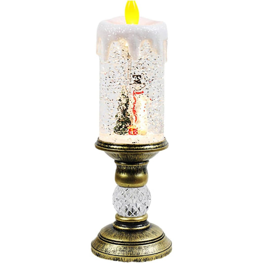 Decorațiune Luminoasă de Crăciun cu LED, Sfeșnic Muzical cu Efect de Ninsoare și Om de Zăpadă, Alimentare USB sau Baterii, PVC, 26x8.5x8.5 cm, Auriu