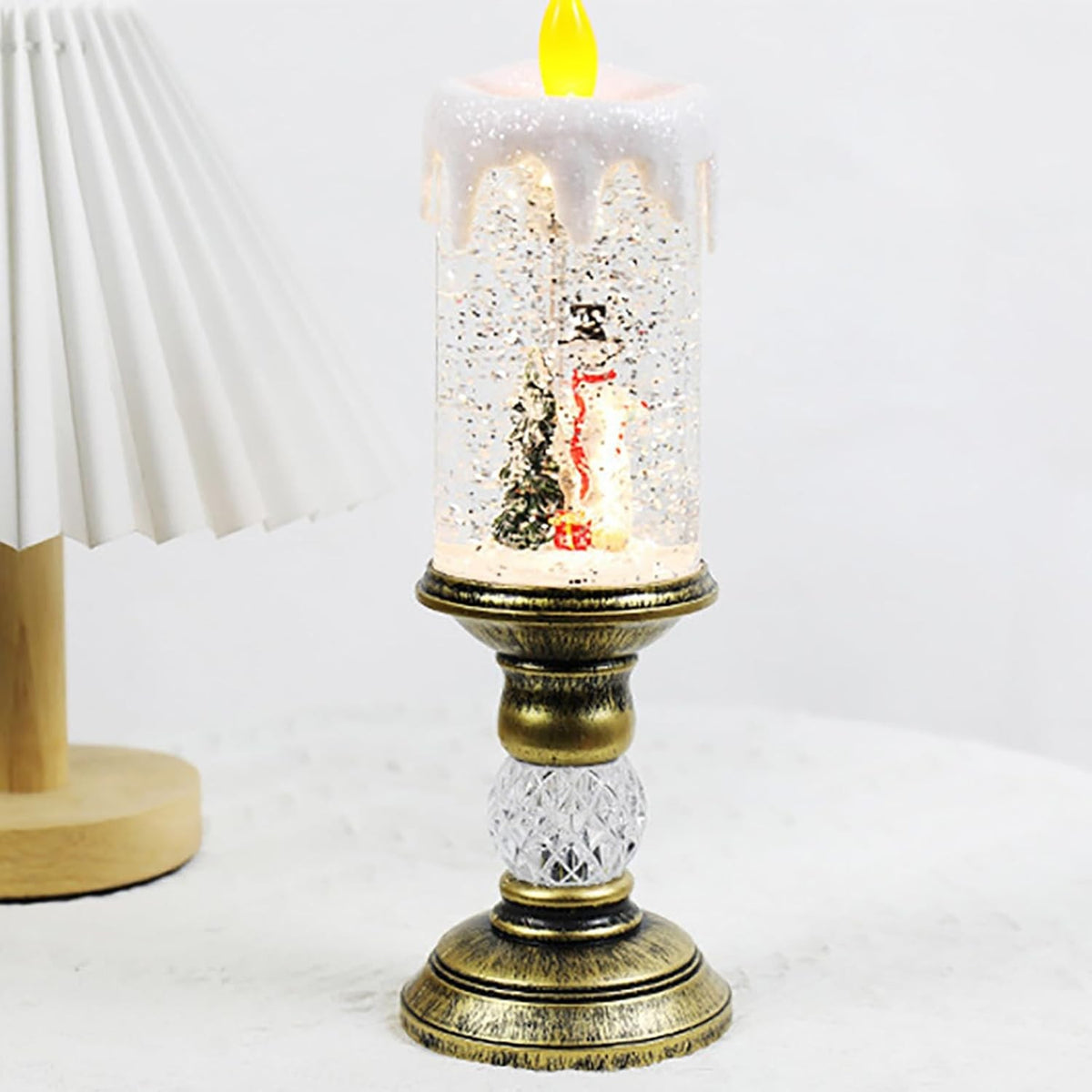 Decorațiune Luminoasă de Crăciun cu LED, Sfeșnic Muzical cu Efect de Ninsoare și Om de Zăpadă, Alimentare USB sau Baterii, PVC, 26x8.5x8.5 cm, Auriu