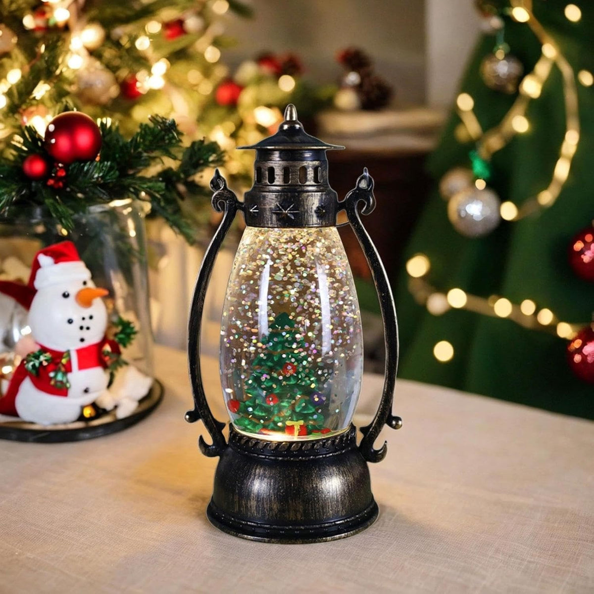Felinar De Craciun Cu LED, Decoratiune Luminoasa Model Lampa Cu Ulei, Ornament Brad Cu Maner, Plastic PVC, 14x7x6 cm, Negru