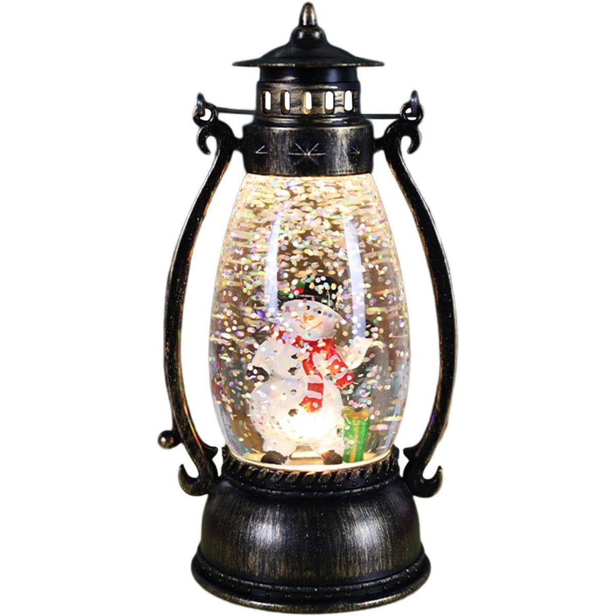 Felinar de Craciun cu Lumina LED Calda, Decoratiune Luminoasa Model Lampa cu Ulei, Design Om de Zapada, Material Plastic PVC, 14x7x6 cm, Negru