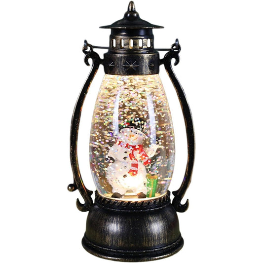 Felinar de Craciun cu Lumina LED Calda, Decoratiune Luminoasa Model Lampa cu Ulei, Design Om de Zapada, Material Plastic PVC, 14x7x6 cm, Negru