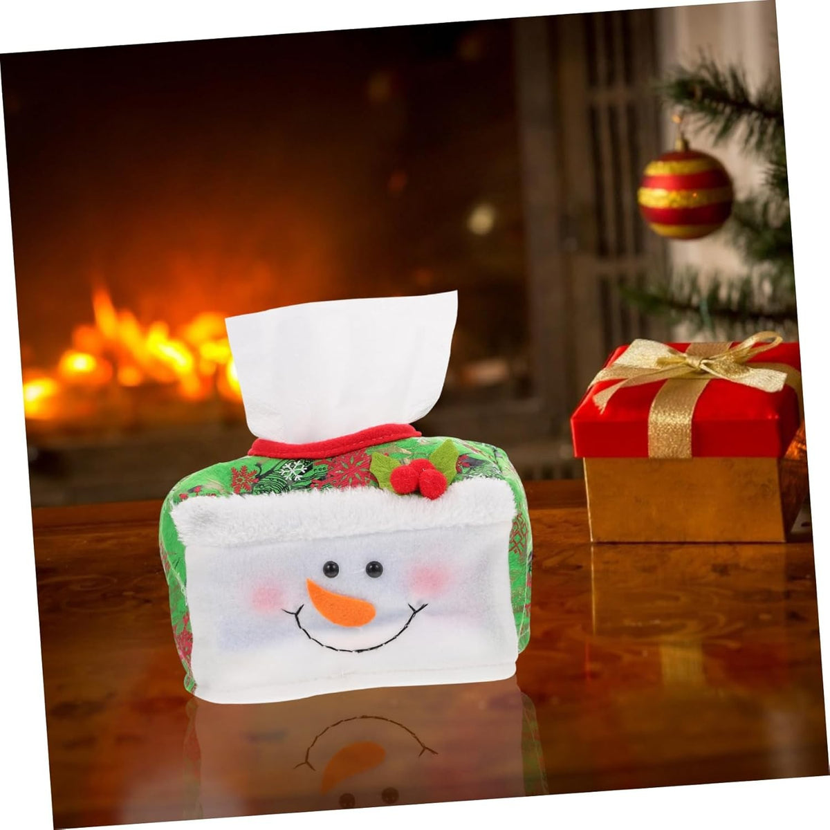 Cutie Decorativă pentru Șervețele, Model Om de Zăpadă, Tematică de Crăciun, Design Festiv, Verde, 16 x 10 cm