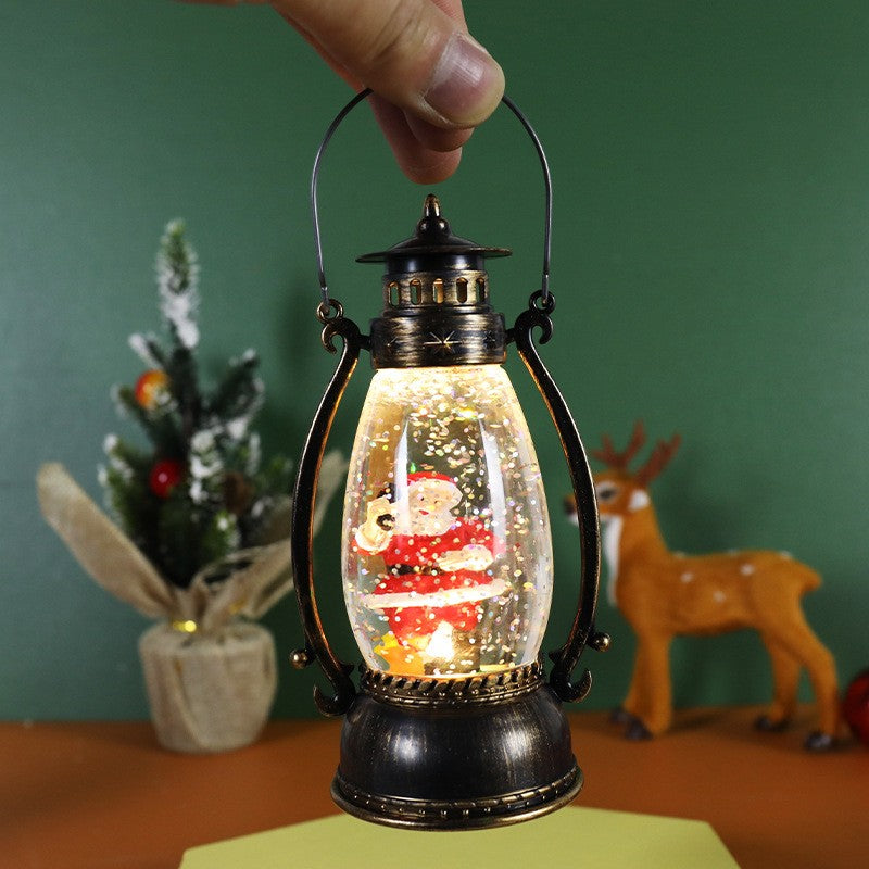 Felinar de Craciun cu Lumina LED Calda, Decoratiune Luminoasa Model Lampa cu Ulei si Mos Craciun, Material PVC cu Maner, 14x7x6 cm, Negru
