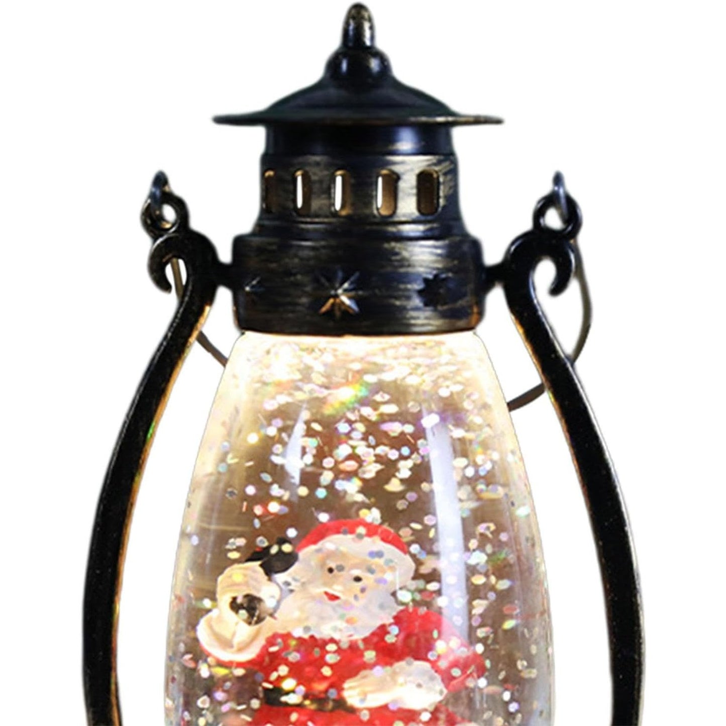Felinar de Craciun cu Lumina LED Calda, Decoratiune Luminoasa Model Lampa cu Ulei si Mos Craciun, Material PVC cu Maner, 14x7x6 cm, Negru