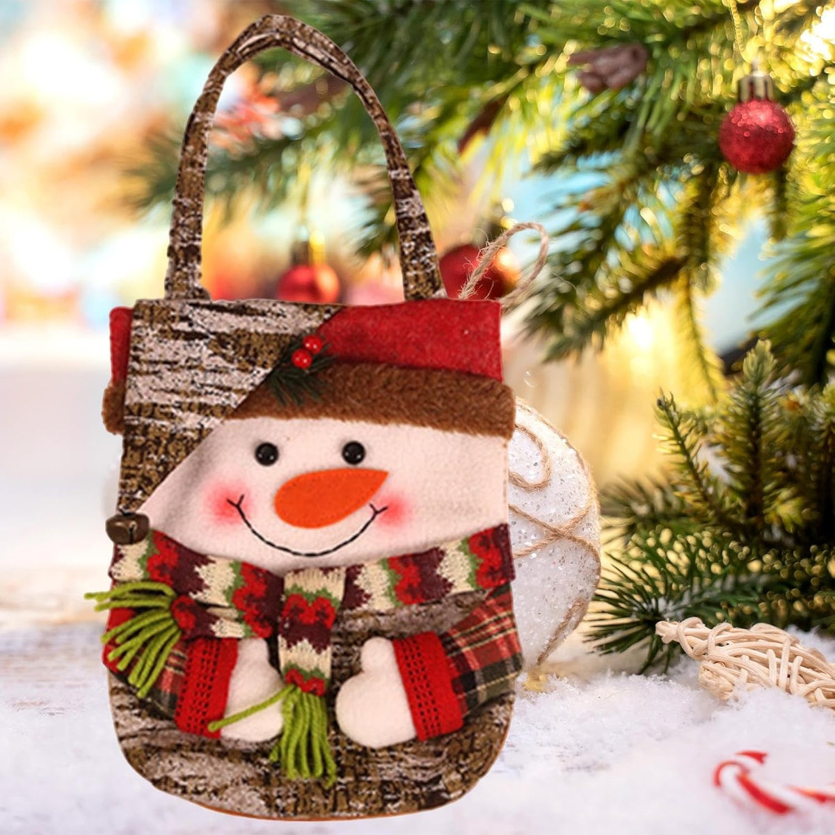 Geanta pentru Cadouri de Craciun, Model Om de Zapada, Decoratiune Festiva Hand-Made, Panza si Bumbac, 46x23x2 cm, Multicolor