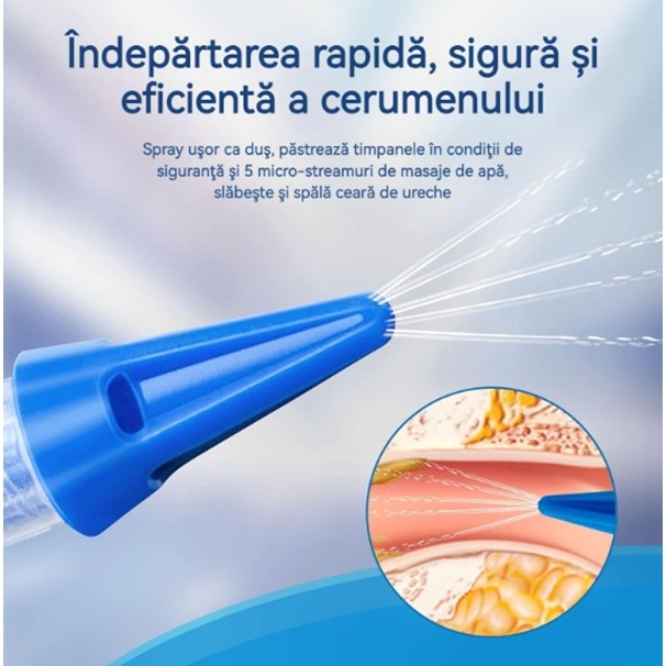 Dispozitiv de Curatare Urechi pentru Indepartare Ceara, Kit Complet cu 31 Capete Inlocuibile si Recipient Lichid, ABS si PC Medical, Albastru