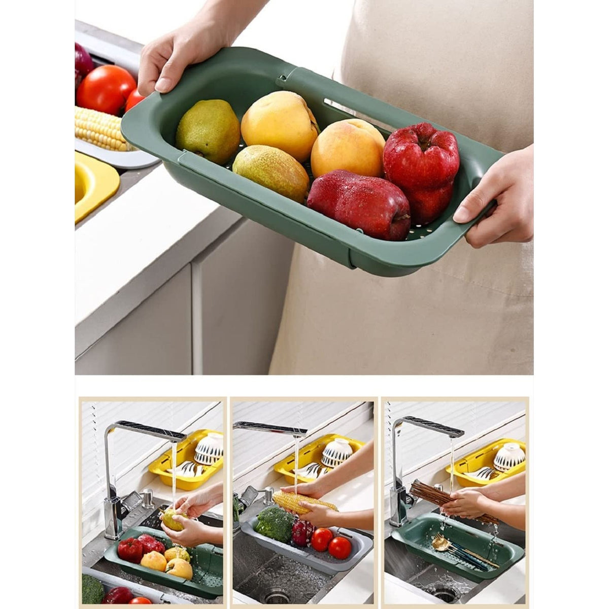 Cos Scurgere Chiuveta Bucatarie, Suport Telescopic Ajustabil pentru Fructe si Legume, Plastic PP Rezistent, 36-49 cm, Gri