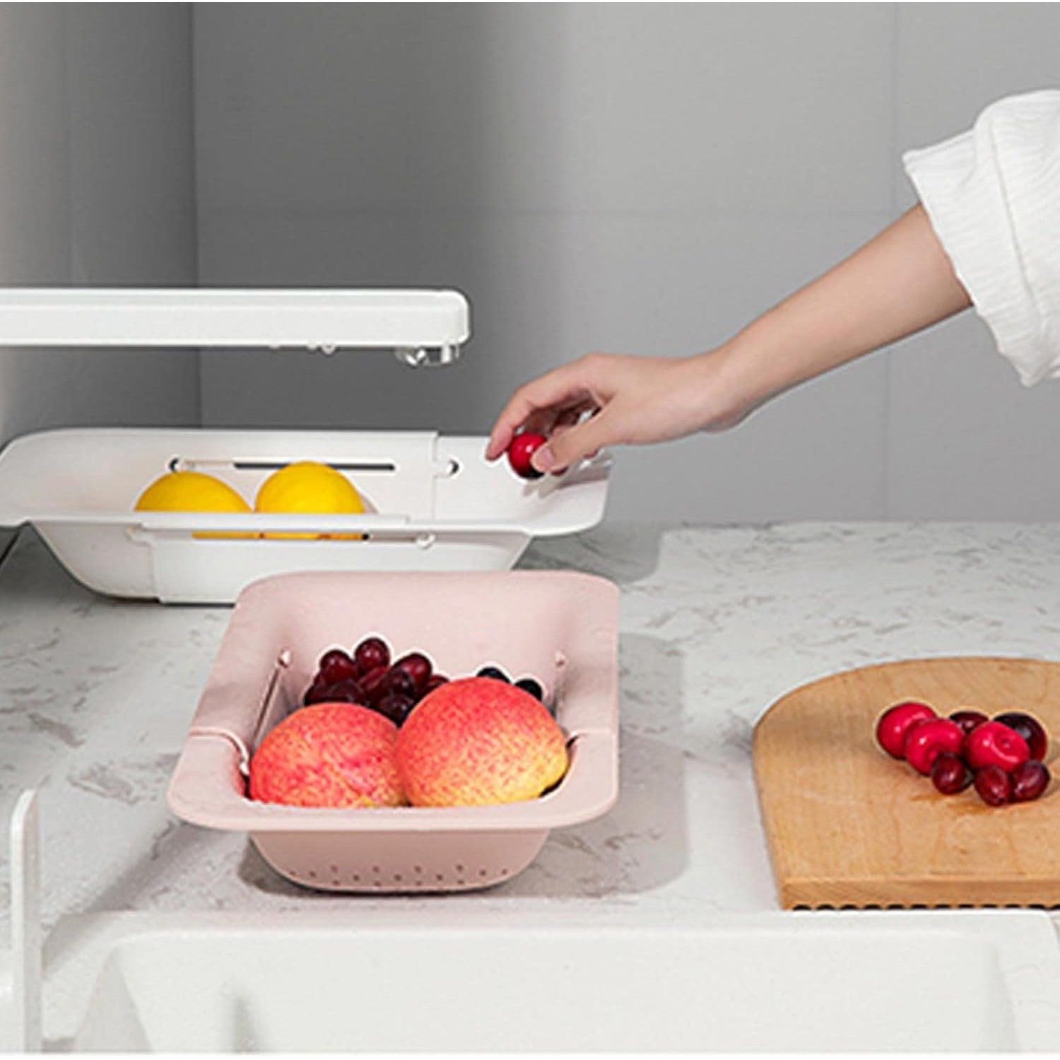 Cos Telescopic pentru Scurgere Chiuveta Bucatarie, Organizator Reglabil Legume si Fructe, Plastic PP, 36-49 cm, Roz