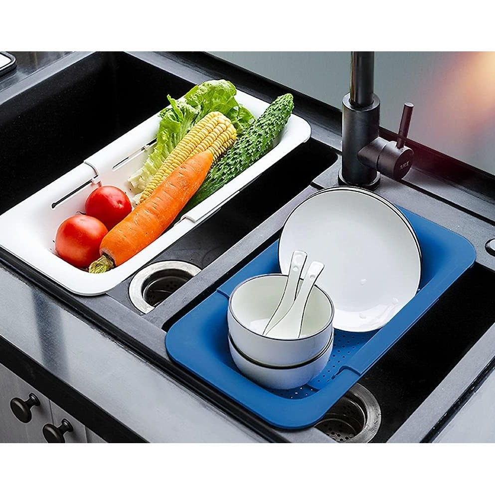 Cos pentru Scurgere Chiuveta Bucatarie, Suport Telescopic si Ajustabil pentru Legume si Fructe, Plastic PP, 36-49 cm, Albastru