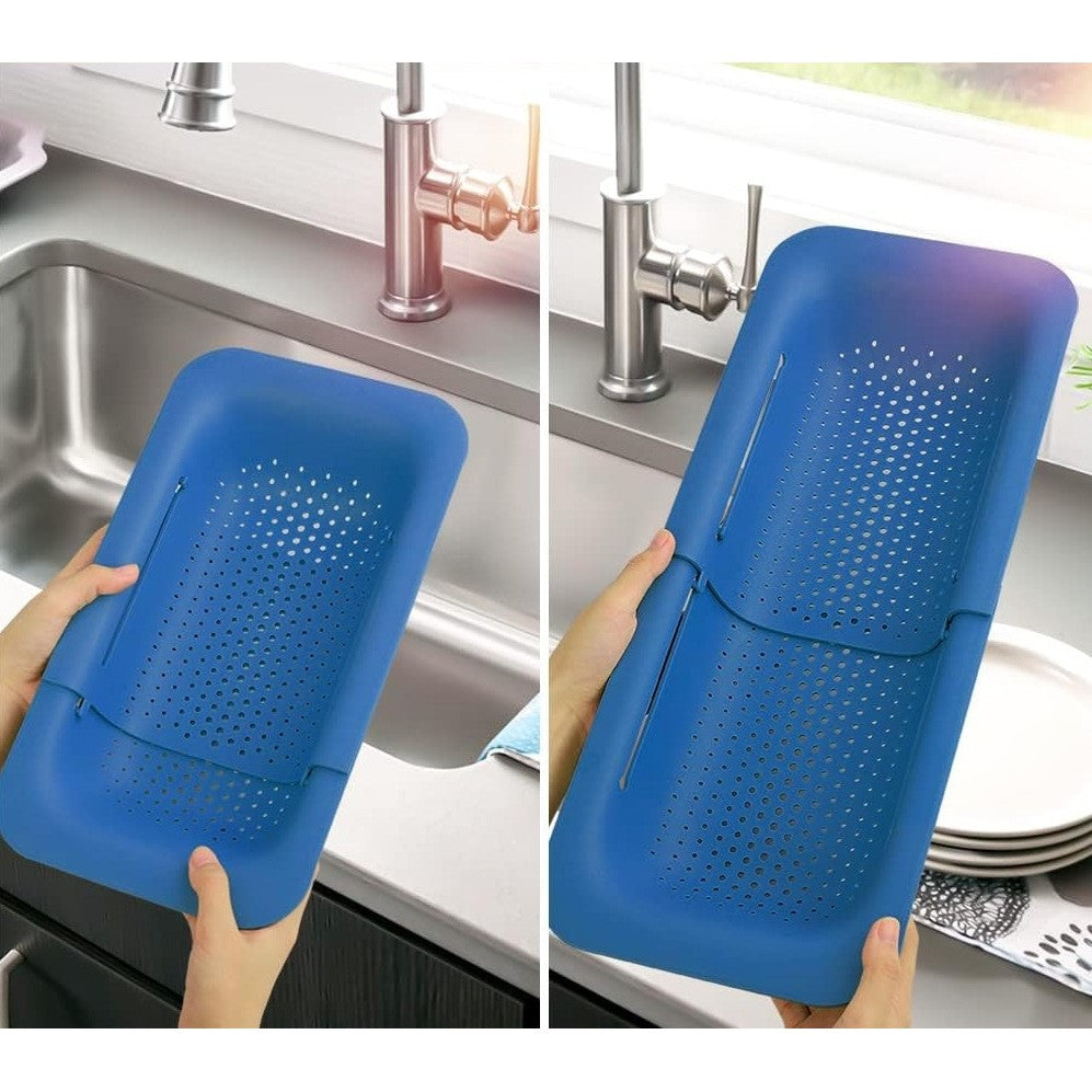 Cos pentru Scurgere Chiuveta Bucatarie, Suport Telescopic si Ajustabil pentru Legume si Fructe, Plastic PP, 36-49 cm, Albastru