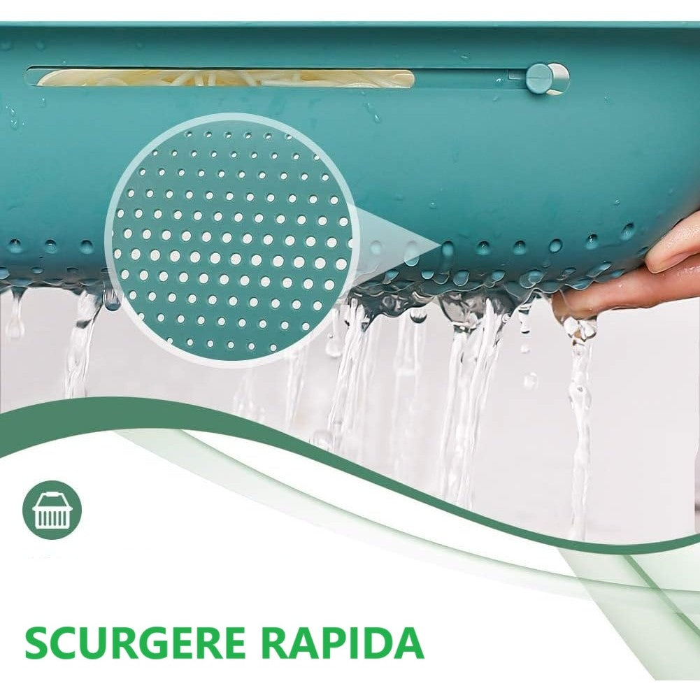 Cos Scurgere Chiuveta Bucatarie, Suport Telescopic Reglabil pentru Fructe si Legume, Plastic PP Polipropilena, 36-49 cm Lungime, Verde