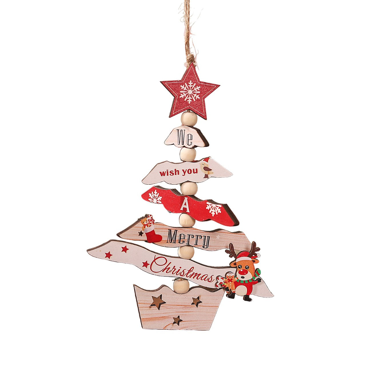 Decoratiune de Craciun pentru Brad, Model Brad si Ren cu Mesaj Festiv, Lemn Natural cu Snur de Agatare, 17x12.8x0.4 cm, Multicolor