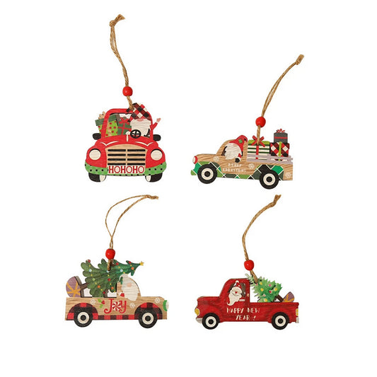 Decoratiune de Craciun pentru Brad, Ornament Suspendat din Lemn, Model Masina lui Mos Craciun cu Mesaj HoHoHo, cu Snur de Agatare, 8x8x0.4 cm, Multicolor
