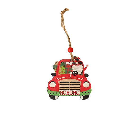 Decoratiune de Craciun pentru Brad, Ornament Suspendat din Lemn, Model Masina lui Mos Craciun cu Mesaj HoHoHo, cu Snur de Agatare, 8x8x0.4 cm, Multicolor