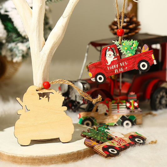 Decoratiune de Craciun, Ornament Brad Model Masina lui Mos Craciun cu Mesaj Merry Christmas, Lemn cu Snur de Agatare, 8x8x0.4 cm, Multicolor