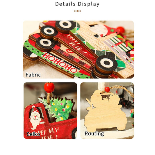 Decoratiune Brad Craciun, Ornament Suspendat din Lemn, Model Masina lui Mos Craciun cu Mesaj Joy, Snur Inclus, Multicolor, 8x8x0.4 cm