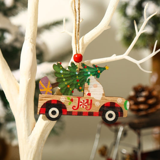 Decoratiune Brad Craciun, Ornament Suspendat din Lemn, Model Masina lui Mos Craciun cu Mesaj Joy, Snur Inclus, Multicolor, 8x8x0.4 cm