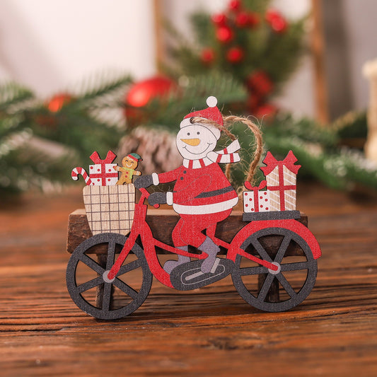 Decoratiune de Craciun pentru Brad, Om de Zapada pe Bicicleta, Ornament Suspendabil cu Snur, Lemn, 10.3x11.5x0.5 cm, Multicolor