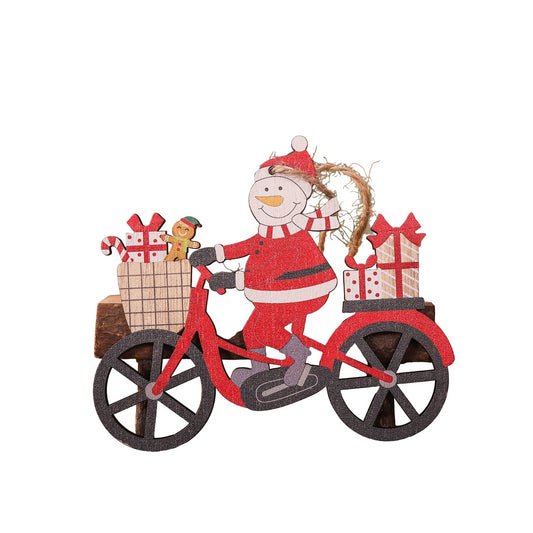 Decoratiune de Craciun pentru Brad, Om de Zapada pe Bicicleta, Ornament Suspendabil cu Snur, Lemn, 10.3x11.5x0.5 cm, Multicolor
