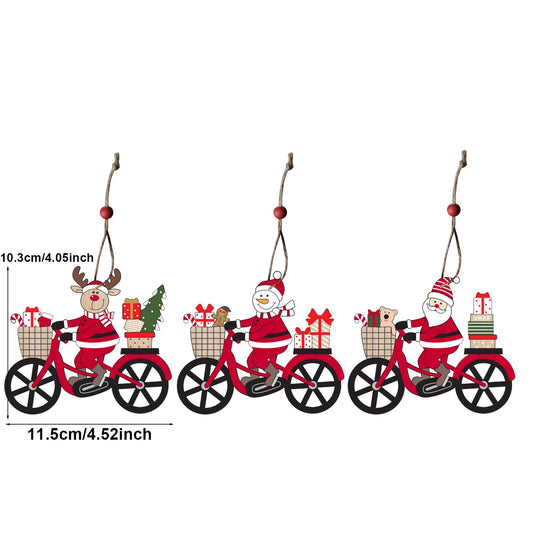 Decoratiune de Craciun, Ornament pentru Brad Mos Craciun pe Bicicleta, Lemn Pictat cu Snur de Agatare, Multicolor, 10.3x11.5x0.5 cm