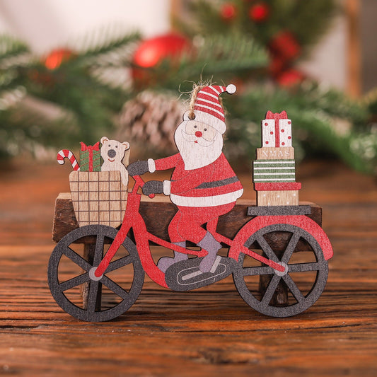 Decoratiune de Craciun, Ornament pentru Brad Mos Craciun pe Bicicleta, Lemn Pictat cu Snur de Agatare, Multicolor, 10.3x11.5x0.5 cm
