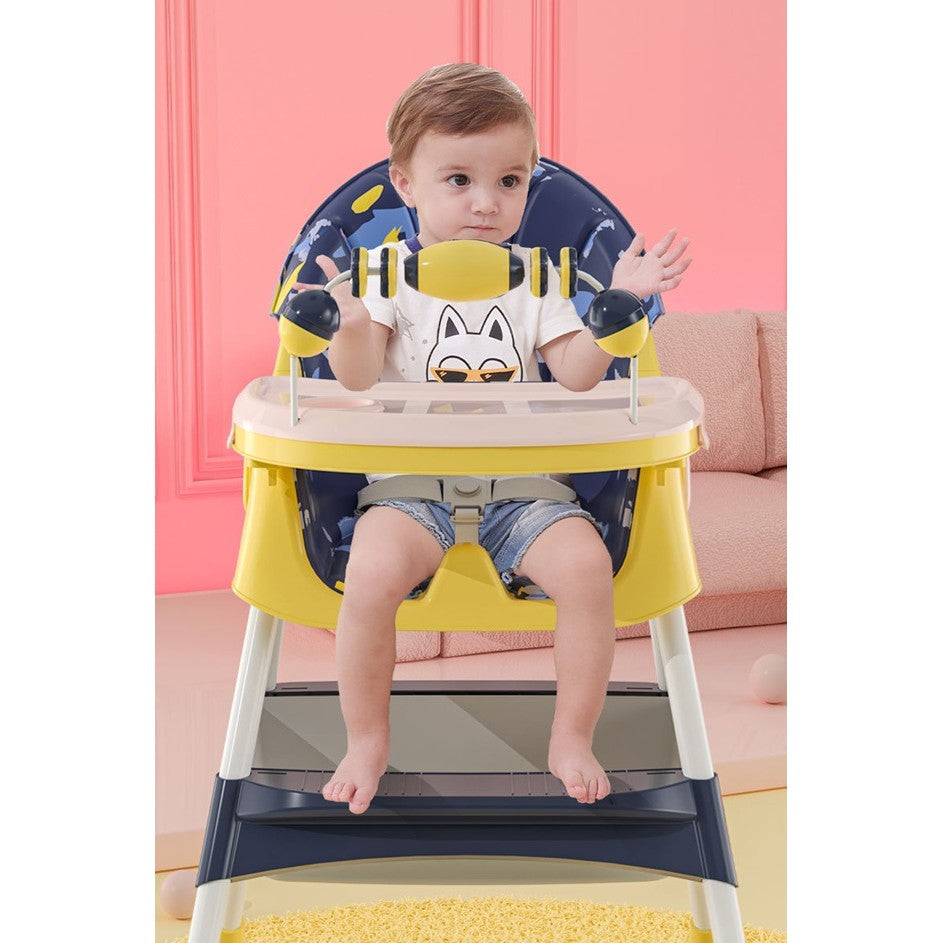 Scaun de Masa 2in1 pentru Copii si Bebelusi, Inaltime Reglabila, Centura in 5 Puncte, Roti cu Frana si Tavita Dubla, Piele PU si Otel, 6 Luni-5 Ani, Albastru/Galben