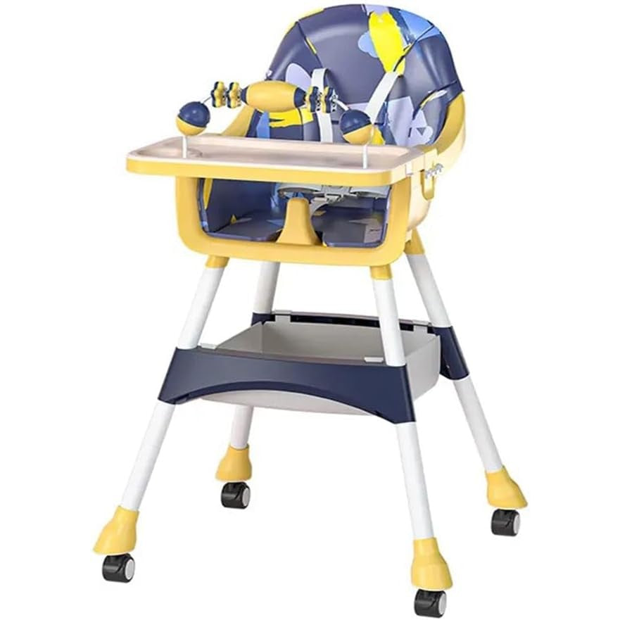Scaun de Masa 2in1 pentru Copii si Bebelusi, Inaltime Reglabila, Centura in 5 Puncte, Roti cu Frana si Tavita Dubla, Piele PU si Otel, 6 Luni-5 Ani, Albastru/Galben