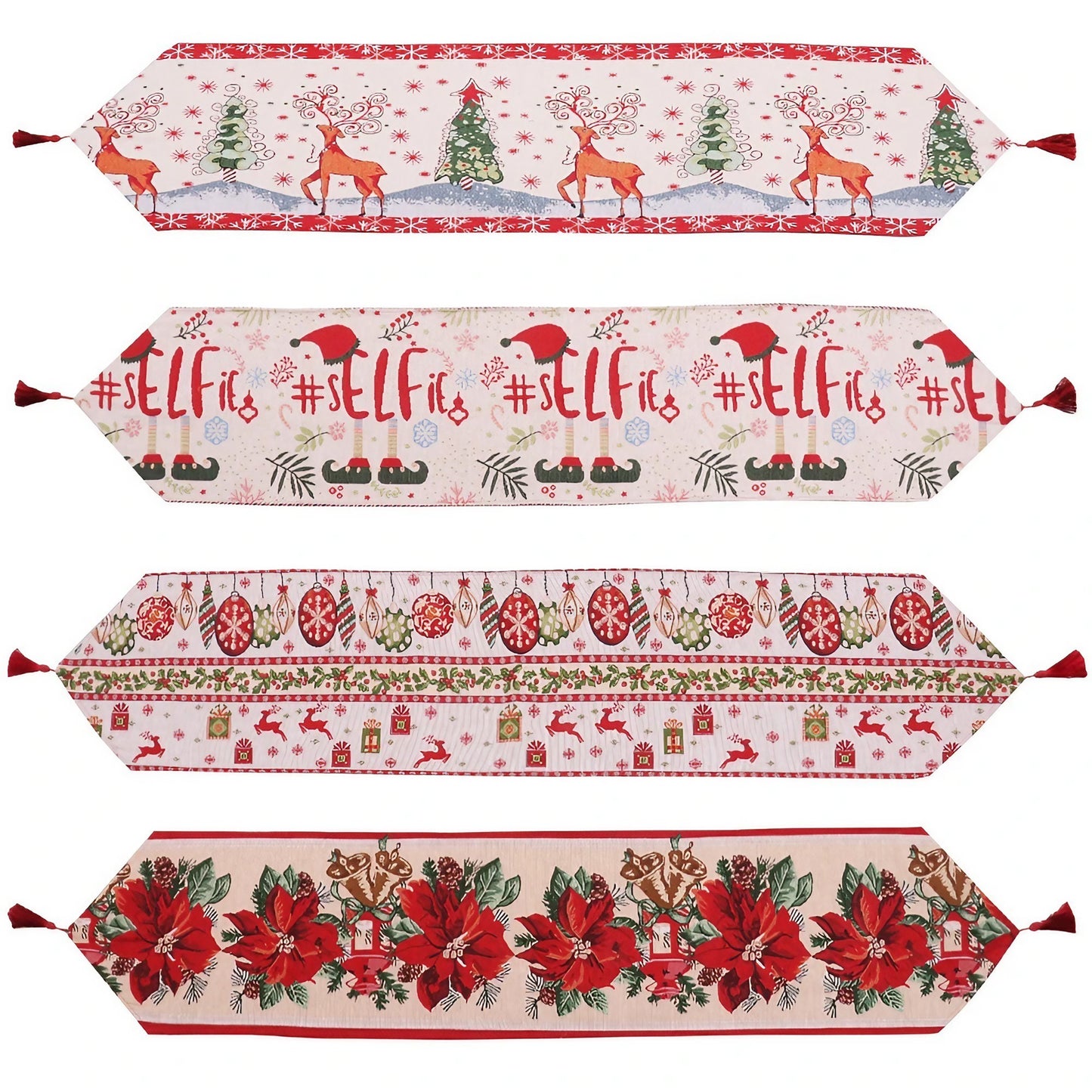 Traversă Masă Crăciun, Napron Decorativ Festiv, Model Reni și Globuri cu Ciucure, Material Tricotat Gros, Alb și Roșu, 173x34 cm