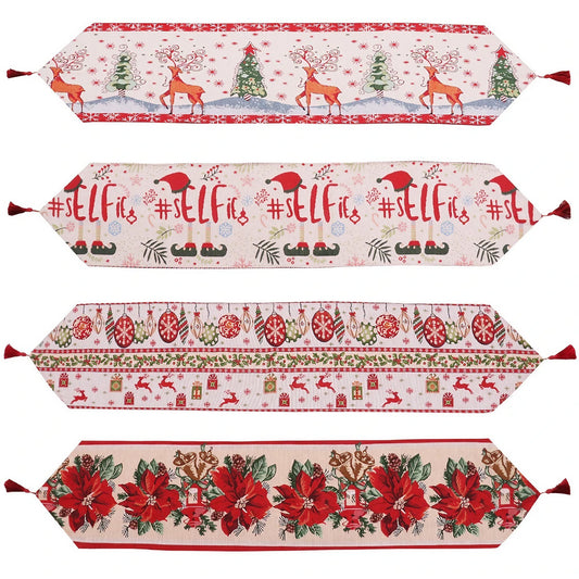 Traversă Masă Crăciun, Napron Decorativ Festiv, Model Reni și Globuri cu Ciucure, Material Tricotat Gros, Alb și Roșu, 173x34 cm