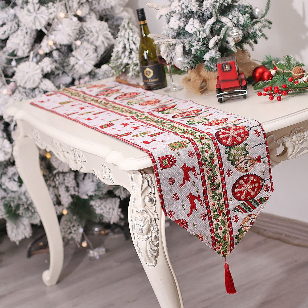 Traversă Masă Crăciun, Napron Decorativ Festiv, Model Reni și Globuri cu Ciucure, Material Tricotat Gros, Alb și Roșu, 173x34 cm