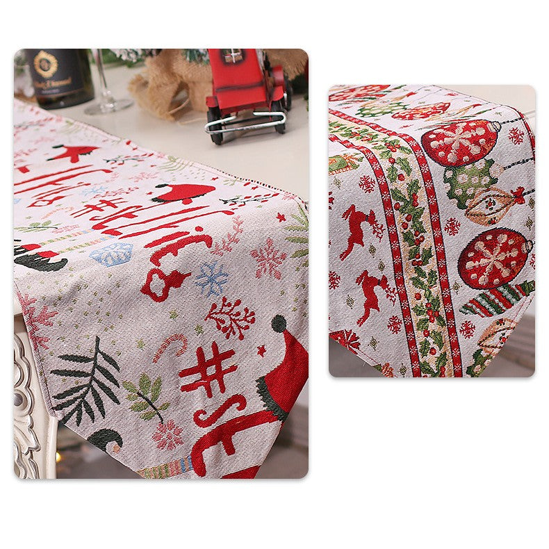 Traversă Masă Crăciun, Napron Decorativ Festiv, Model Reni și Globuri cu Ciucure, Material Tricotat Gros, Alb și Roșu, 173x34 cm
