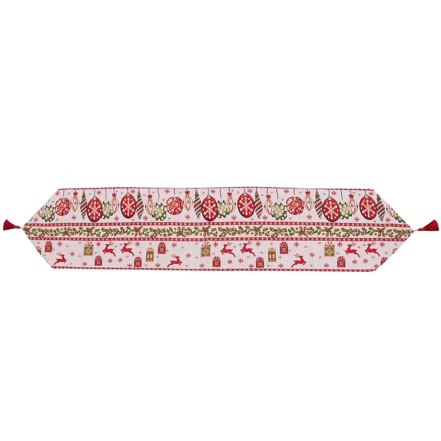 Traversă Masă Crăciun, Napron Decorativ Festiv, Model Reni și Globuri cu Ciucure, Material Tricotat Gros, Alb și Roșu, 173x34 cm