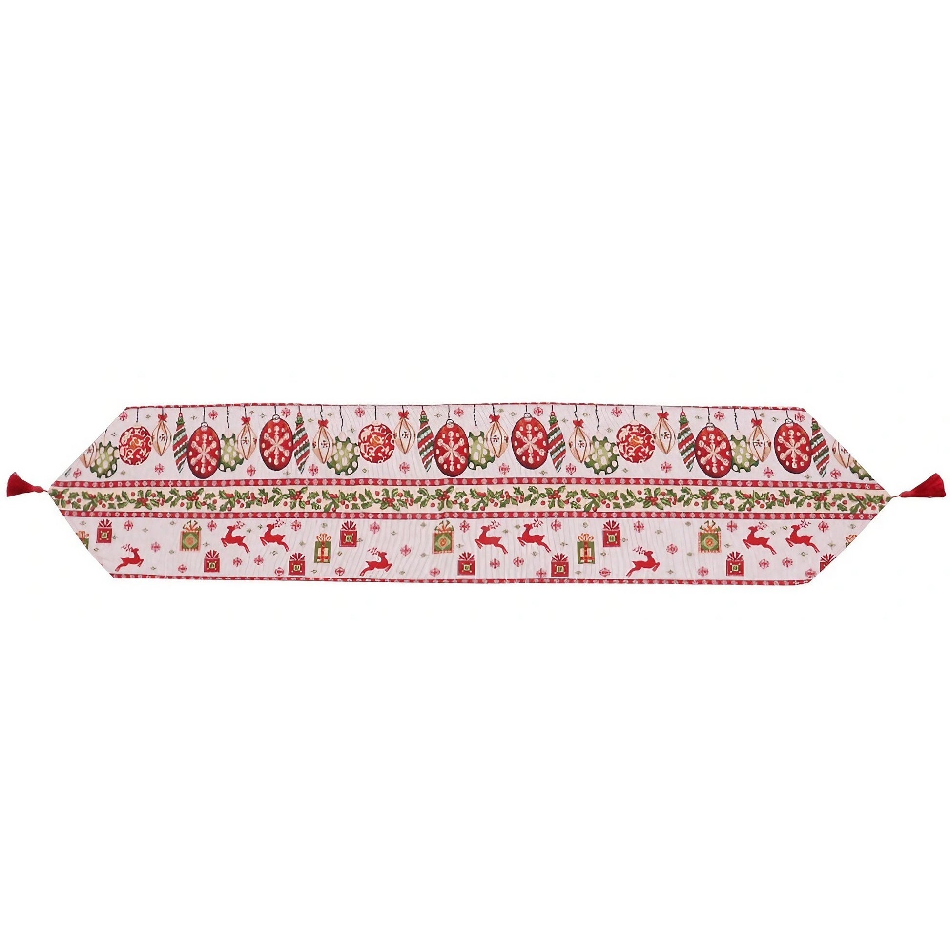 Traversă Masă Crăciun, Napron Decorativ Festiv, Model Reni și Globuri cu Ciucure, Material Tricotat Gros, Alb și Roșu, 173x34 cm