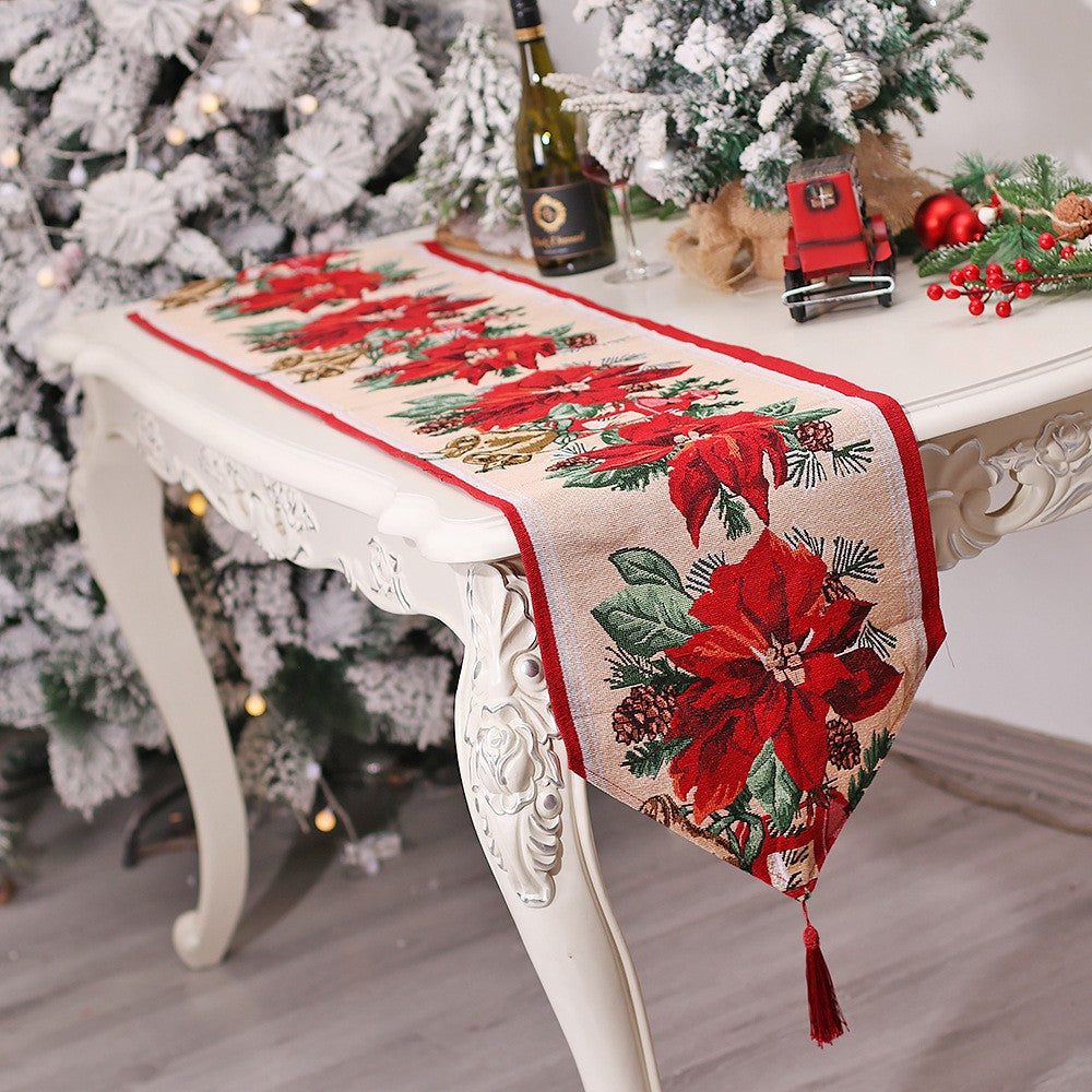 Traversa de Masa Craciun, Napron Decorativ cu Model Flori Rosii, Tesatura Tricotata Groasa cu Colt si Ciucure, Bumbac si Poliester, 173x34 cm, Alb/Rosu