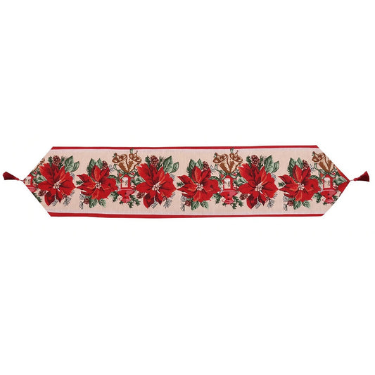 Traversa de Masa Craciun, Napron Decorativ cu Model Flori Rosii, Tesatura Tricotata Groasa cu Colt si Ciucure, Bumbac si Poliester, 173x34 cm, Alb/Rosu